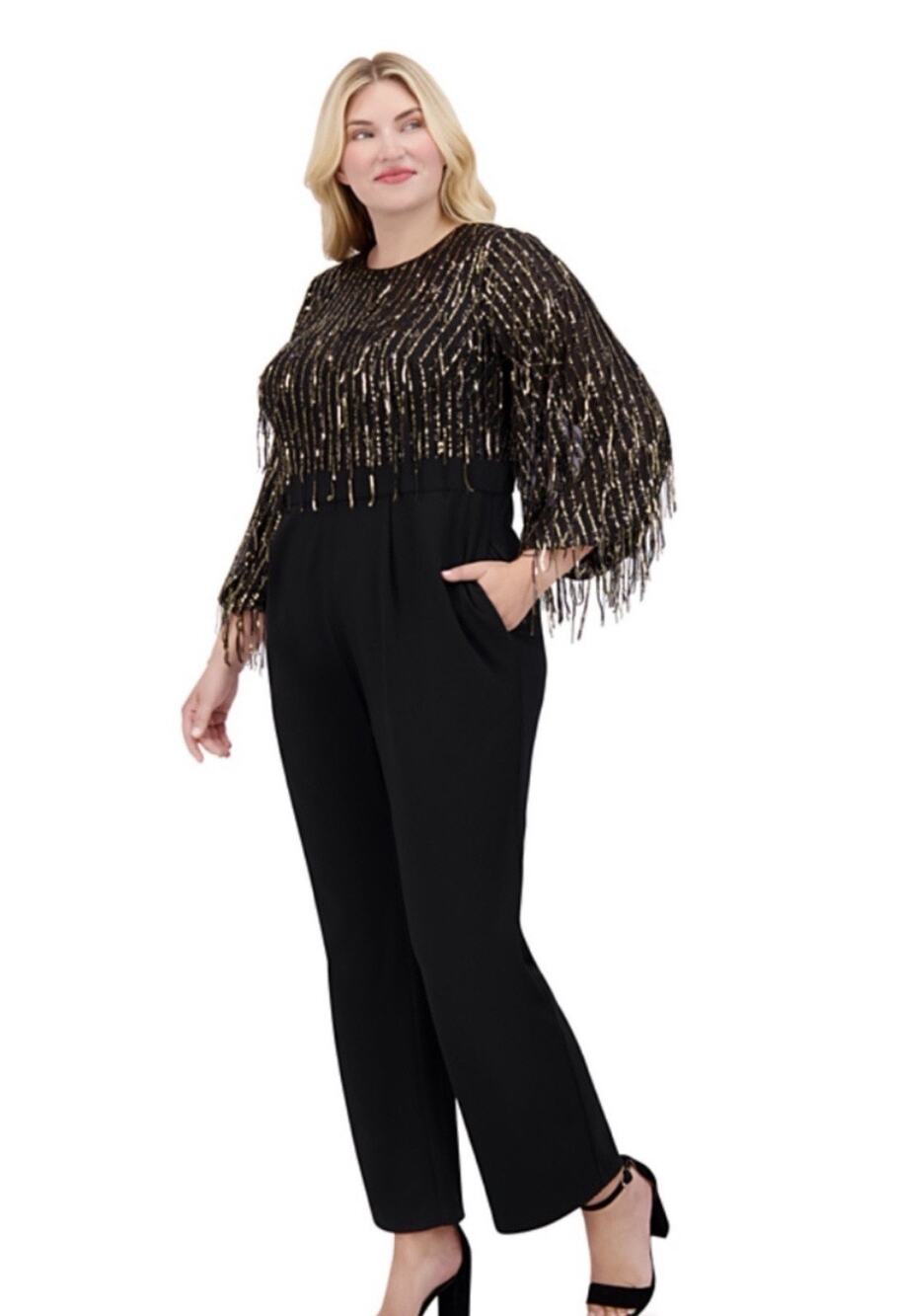 NWOT Eliza J Black/Gold Sequin Fringe Mesh Long Sleeve Jumpsuit Pockets Glam 10
